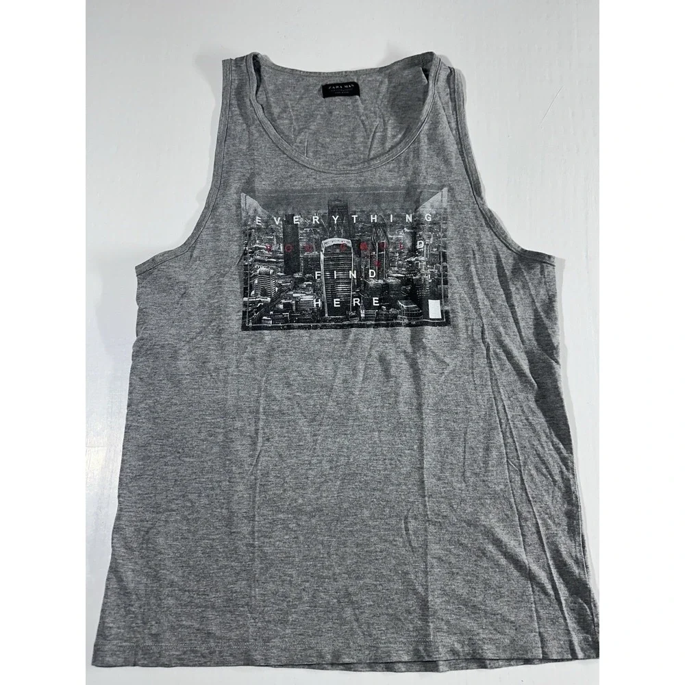 ZARA MAN Gray Graphic Tank Top L Cityscape Print Sleeveless Streetwear - Picture 1 of 6
